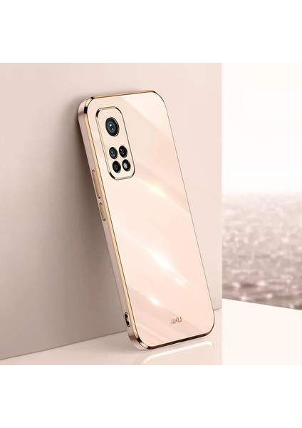 Xiaomi Mi 10T Uyumlu Kılıf Kamera Korumalı Parlak Gold Şerit Kenarlı Yumuşak Silikon Kapak
