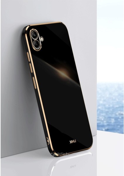 Samsung Galaxy A04 Uyumlu Kılıf Kamera Korumalı Parlak Gold Şerit Kenarlı Yumuşak Silikon Kapak
