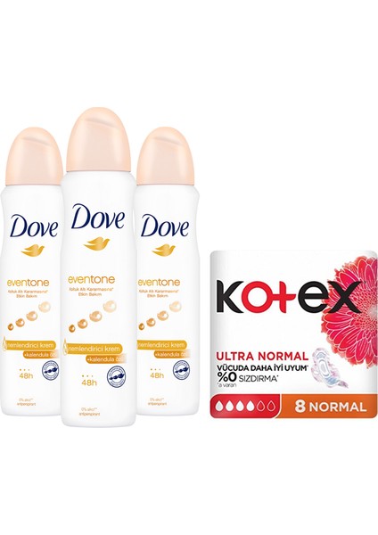 Eventone Kadın Sprey Deodorant Kalendula Özü 150 Ml X3 + Kotex Ped Ultra Normal 8'Li