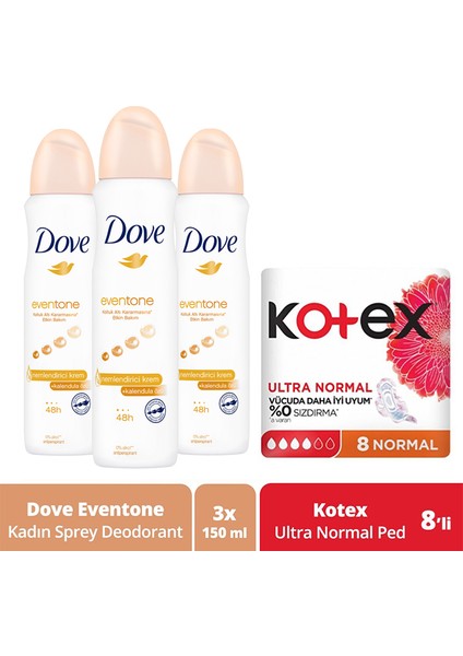 Eventone Kadın Sprey Deodorant Kalendula Özü 150 Ml X3 + Kotex Ped Ultra Normal 8'Li fiyatları