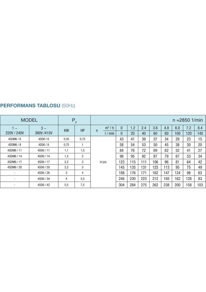 4sdm6/11 Dalgıç Pompa - 1,5 Hp -220V- 30 mt Kablolu - Panolu (62 Mss - 4,8 M³/h) modelleri