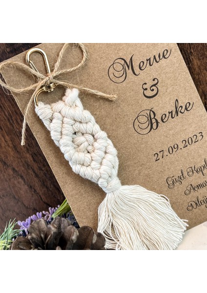 50 Adet Kraft Kağıt'lı Krem Makrome Anahtarlık Söz Nişan Nikah Hediyelikleri