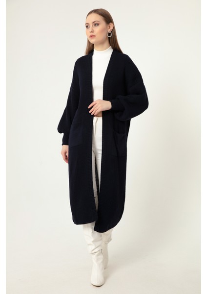 Kadın Lacivert Balon Kol Uzun Triko Hırka