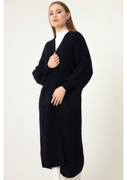 Kadın Lacivert Balon Kol Uzun Triko Hırka modelleri
