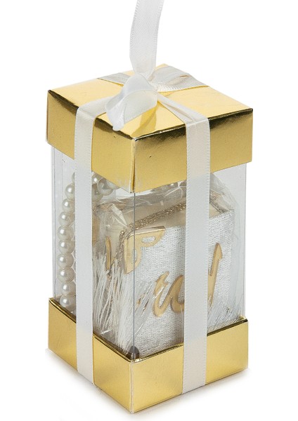 Özel Kutulu Mini Kadife Kaplı Kuran ve Inci Tesbih Seti Kırmızı Krem