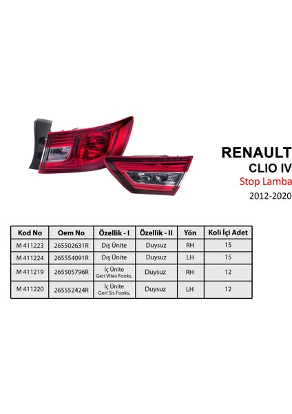 Renault Clio 4 Stop Lambası Takımı Komple 2012-2020 Arası modelleri
