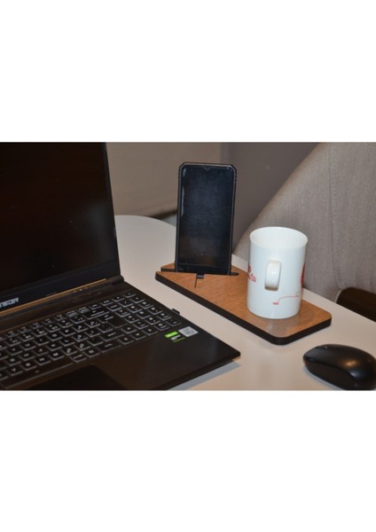 Bardaklıklı Masaüstü Ahşap Telefon Tutucu Açık Ceviz