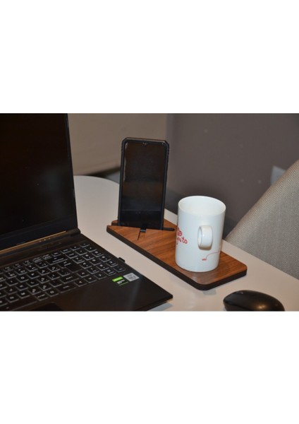 Bardaklıklı Masaüstü Ahşap Telefon Tutucu Koyu Ceviz