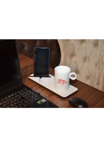 Bardaklıklı Masaüstü Ahşap Telefon Tutucu Beyaz fiyatları