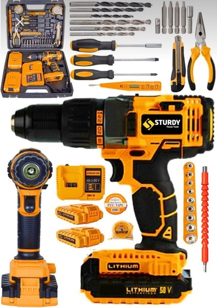 58V Japon Tech 58 V 10 Ah Darbeli Lion Çift Akülü Metal Şanzıman Turbo Şarjlı Matkap +Komple Set Bakır Sargı Yardımcı Setli