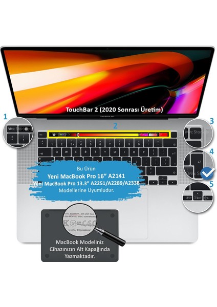 Macbook Pro 13 Inc 2020 M1 A2338 / A2251 / A2289 ile Uyumlu Türkçe Q Klavye Silikon Koruyucu Kılıf