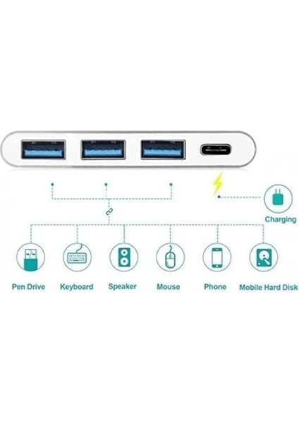 Type-C 3 x USB 3.0 Port Çoklayıcı Dönüştürücü Çevirici Macbook, Type C USB Çoklayıcı