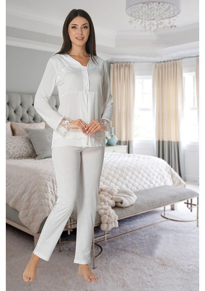 Model 2424 Ekru Lohusa Pijama Sabahlık Takımı 2424 Ekru