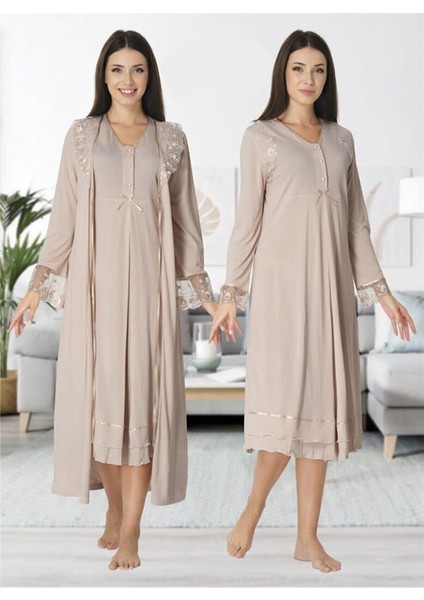 Model Sütlü Kahve Sabahlıklı Lohusa Gecelik Takım 2425
