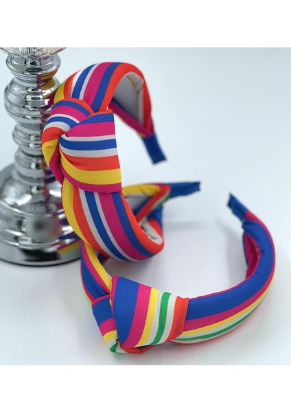 Yeni Yaz Trend Gökkuşağı Renkli Çizgili Geniş Düğümlü Taç