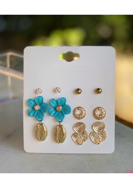 Özel Trend Moda Çiçekli Midye Kabuğu Istiridye Zikron Taş Küpe Seti Turkuaz Mavi