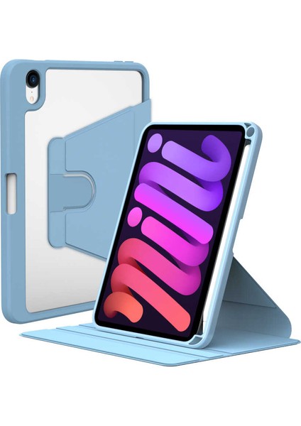 Case 4U Apple iPad Mini 2021 (6.Nesil) Kalem Bölmeli Nayn 360 Derece Dönebilen Standlı Kılıf Açık Mavi