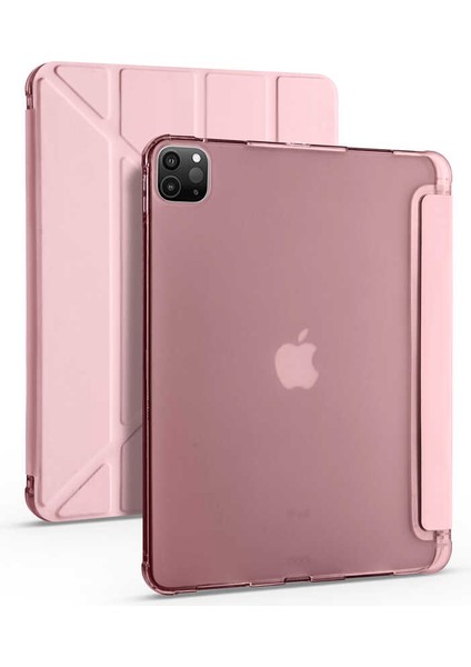 Apple iPad Pro 12.9 2021 (5.Nesil) Kalem Bölmeli Tri Folding Smart Standlı Pu Deri Arkası Yumuşak Silikon 360 Tam Koruma Rose Gold