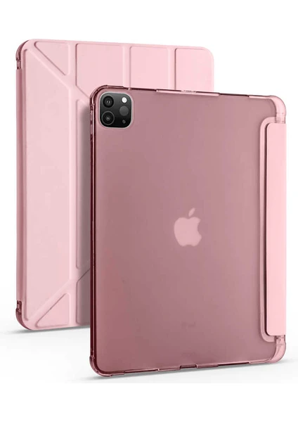 Case 4U Apple iPad Pro 12.9 2021 (5.Nesil) Kalem Bölmeli Tri Folding Smart Standlı Pu Deri Arkası Yumuşak Silikon 360 Tam Koruma Rose Gold