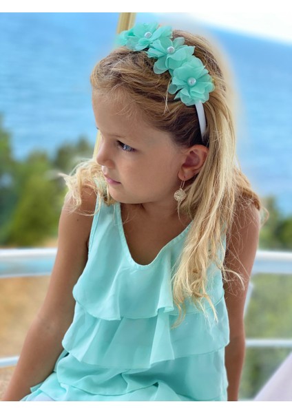 Trend Moda Inci Çiçekli Taç Mint Su Yeşili Anne Çocuk Nedime Tacı