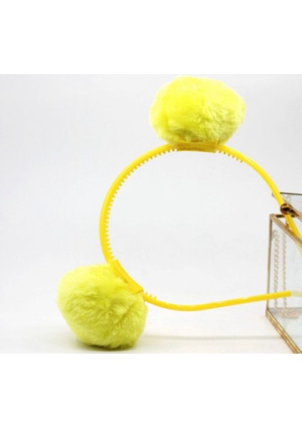 Peluş Tüylü Pon Pon Neon Sarı Çocuk Tacı Ponpon Taç