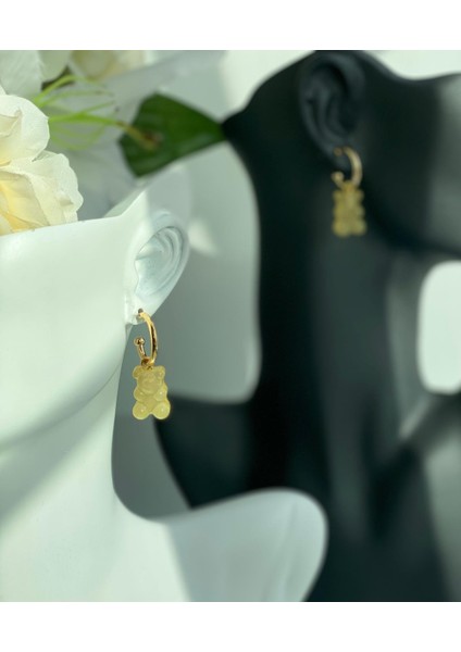 Yeni Moda Sevimli Haribo Ayıcık Şeffaf Gold Altın Küpe Kararmaz Sarı
