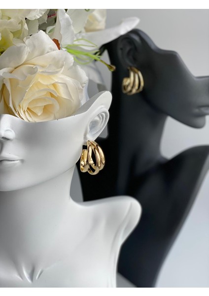 Zara Model Lüks 3lü Halka Küpe Gold Altın