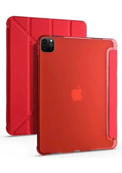 Case 4U Apple iPad Pro 12.9 2021 (5.Nesil) Kalem Bölmeli Tri Folding Smart Standlı Pu Deri Arkası Yumuşak Silikon 360 Tam Koruma Kırmızı