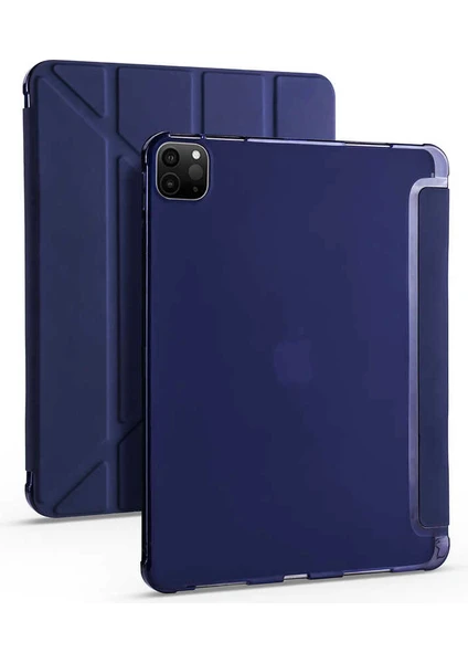 Case 4U Apple iPad Pro 12.9 2021 (5.Nesil) Kalem Bölmeli Tri Folding Smart Standlı Pu Deri Arkası Yumuşak Silikon 360 Tam Koruma Lacivert