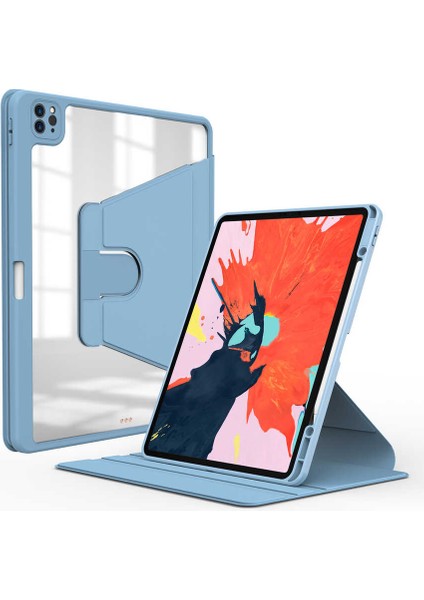 Case 4U Apple iPad Pro 12.9 2021 (5.Nesil) Kalem Bölmeli Nayn 360 Derece Dönebilen Standlı Kılıf Açık Mavi