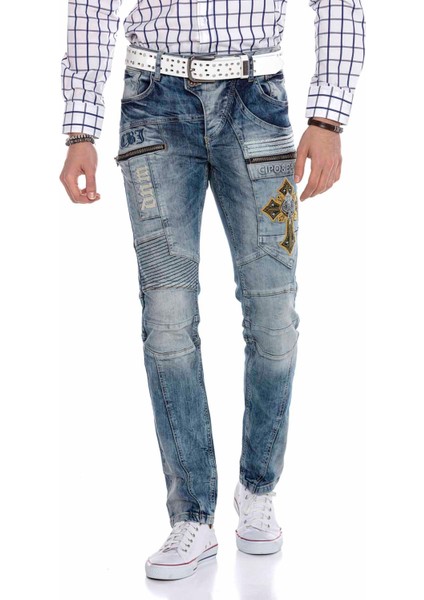CD293 Dikiş Detaylı Nakışlı Mavi Erkek Jeans