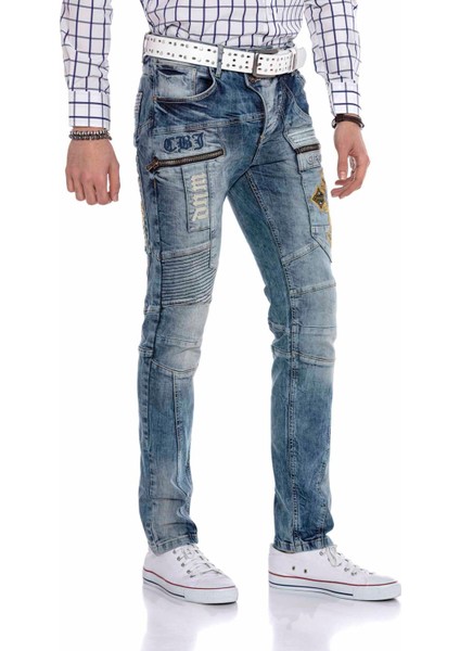 CD293 Dikiş Detaylı Nakışlı Mavi Erkek Jeans