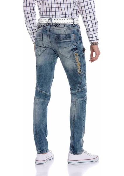 CD293 Dikiş Detaylı Nakışlı Mavi Erkek Jeans