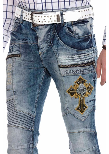 CD293 Dikiş Detaylı Nakışlı Mavi Erkek Jeans