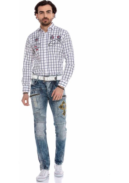 CD293 Dikiş Detaylı Nakışlı Mavi Erkek Jeans