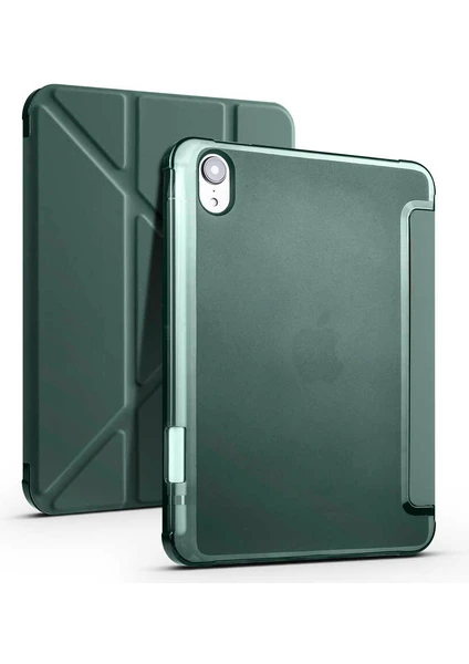 Case 4U Apple iPad Mini 2021 (6.Nesil) Kalem Bölmeli Tri Folding Smart Standlı Pu Deri Arkası Yumuşak Silikon 360 Tam Koruma Koyu Yeşil