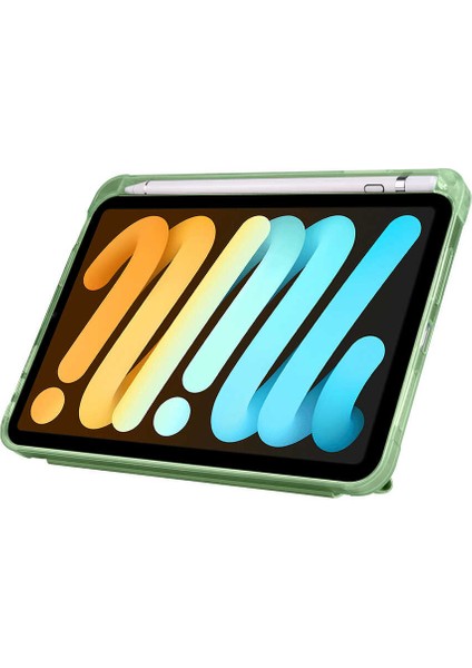 Apple iPad Mini 2021 (6.Nesil) Kalem Bölmeli Tri Folding Smart Standlı Pu Deri Arkası Yumuşak Silikon 360 Tam Koruma Mavi