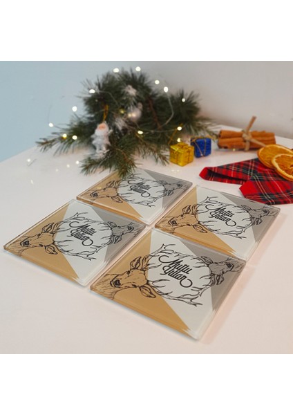 Cam Bardak Altlığı | Mutlu Yıllar Happy Deer | 4'lü Takım | 10CM x 10CM