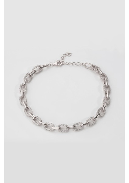 Beyaz Taşlı 18 Ayar Beyaz Altın Kaplama 21 cm Gümüş Zincir Bileklik