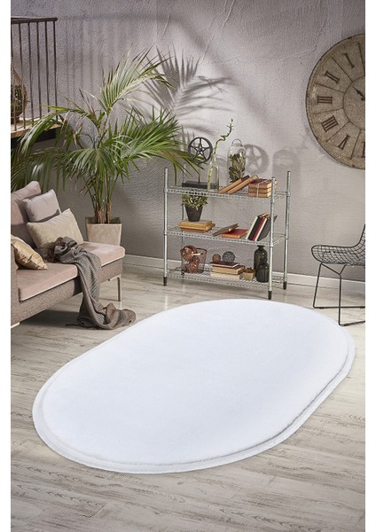 Valery Home Oval Comfort Puffy Düz Saçaklı Peluş Halı Beyaz