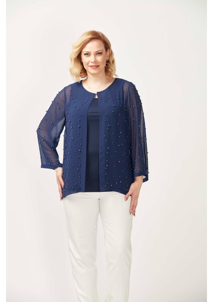 1951 Lacivert Inci ve Taş Baskılı Şifon Büyük Beden Şık Ceket