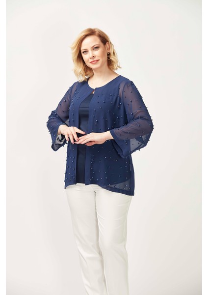 1951 Lacivert Inci ve Taş Baskılı Şifon Büyük Beden Şık Ceket fiyatları