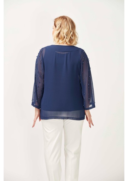 1951 Lacivert Inci ve Taş Baskılı Şifon Büyük Beden Şık Ceket modelleri