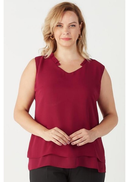 3241 Yaka Fırfırlı Kolsuz Büyük Beden Şık Bluz Mürdüm