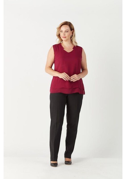 3241 Yaka Fırfırlı Kolsuz Büyük Beden Şık Bluz Mürdüm fiyatları