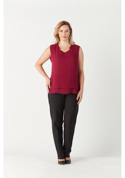 3241 Yaka Fırfırlı Kolsuz Büyük Beden Şık Bluz Mürdüm modelleri