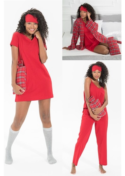 For You Moda 7'li Ekoseli Pamuklu Sabahlıklı Pijama Takımı S26795