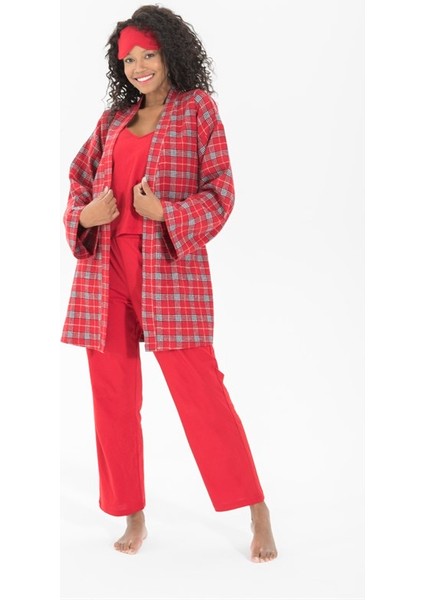 For You Moda 7'li Ekoseli Pamuklu Sabahlıklı Pijama Takımı S26795