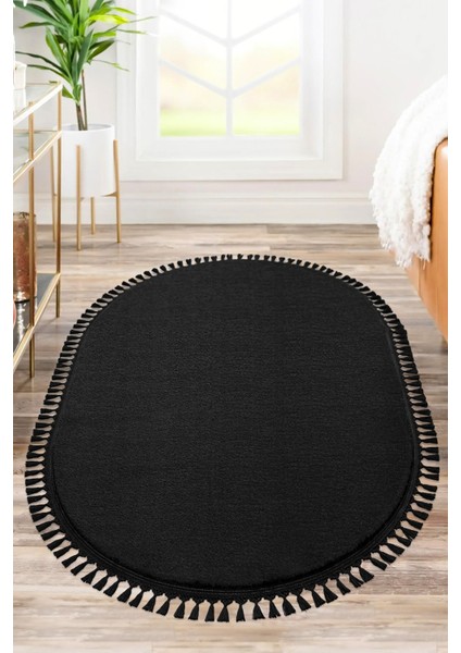 Comfort Puffy Oval Ponpon Saçaklı Peluş Yıkanabilir Siyah Yolluk fiyatları