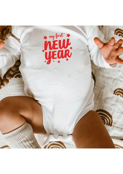 My First New Year Ilk Yılbaşım Yeni Yıl Baskılı Bebek Alttan Çıtçıtlı Uzun Kollu Body Zıbın - Beyaz